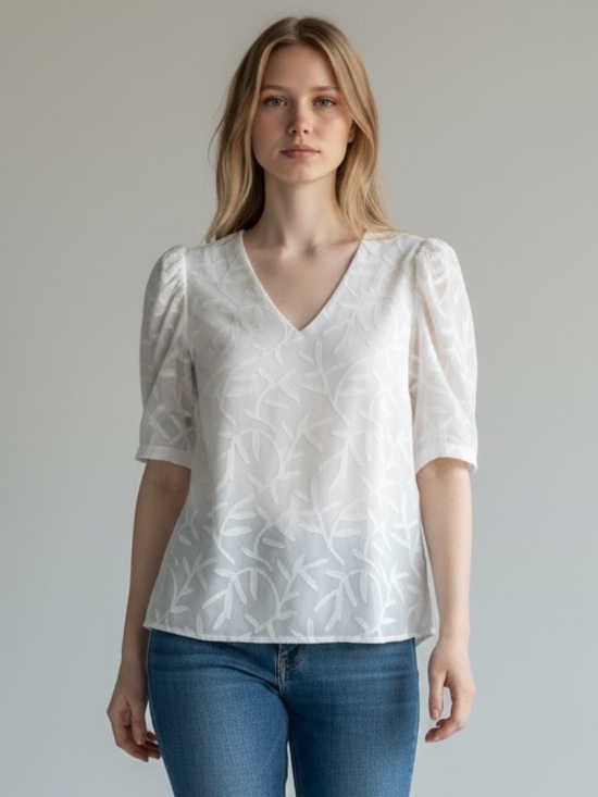 a new day Tops - A New Day White Textured Floral V-Neck Puff Sleeve Blouse Size L